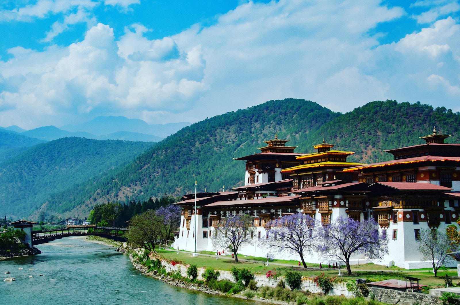 Bhutanese lodge architecture in a green valley