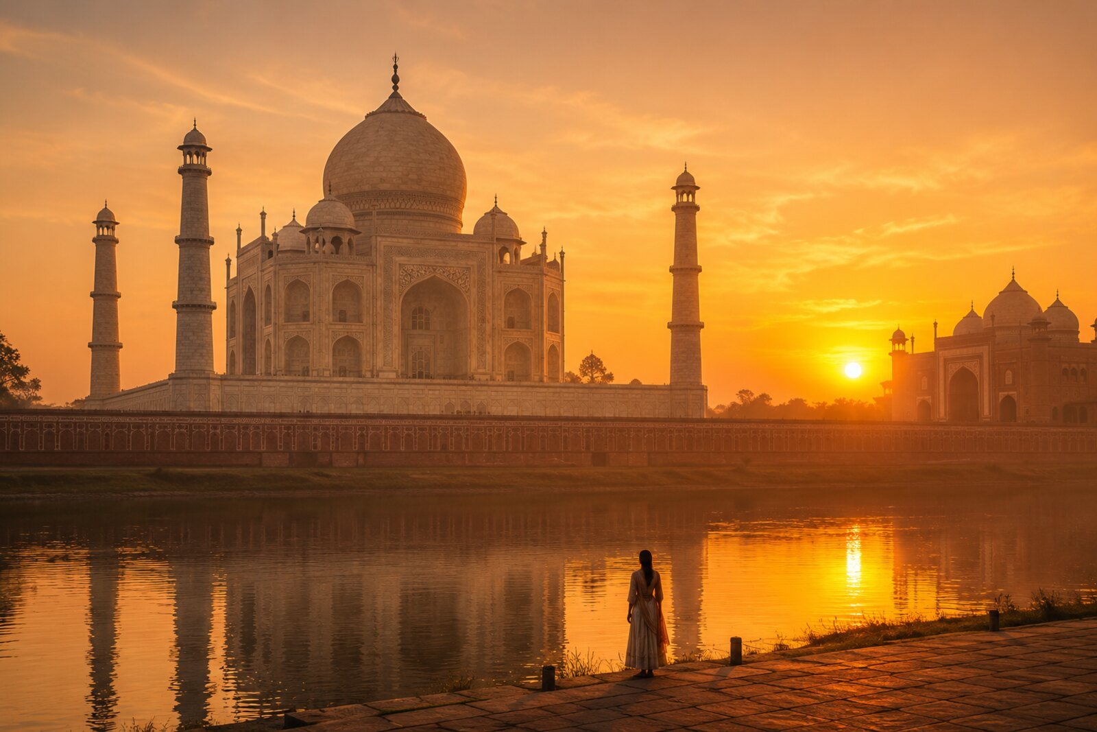 Taj Mahal at sunrise with a lone figure on the Yamuna riverside