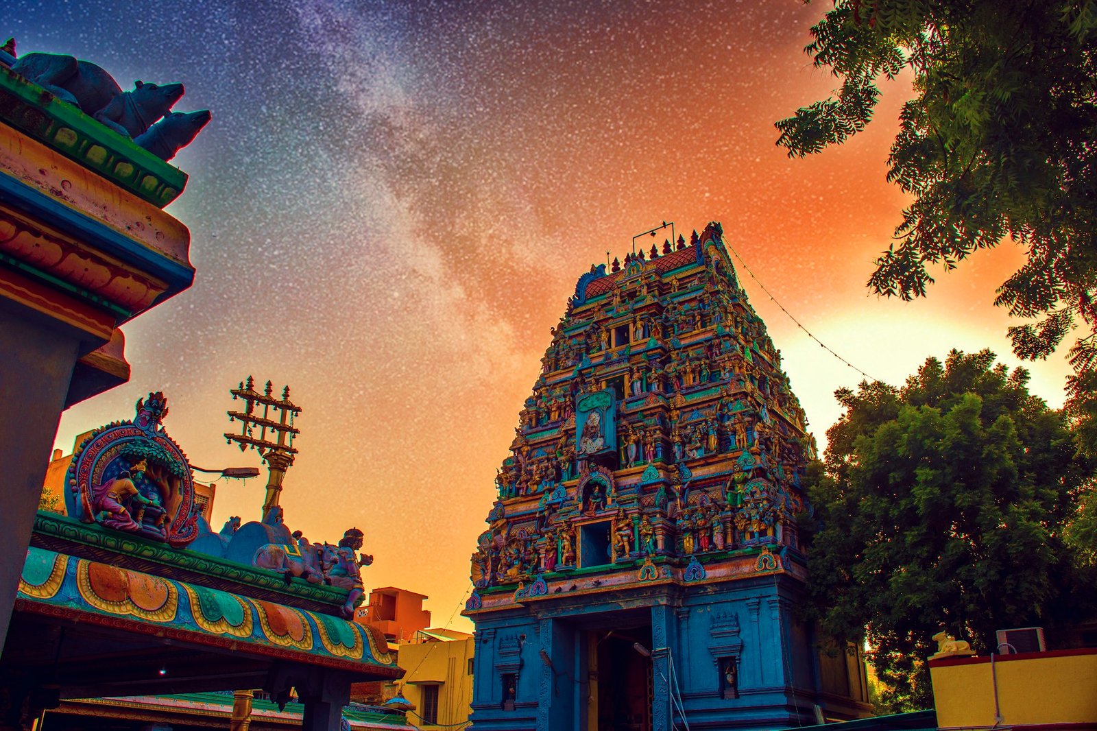 Dravidian gopuram at twilight — Sacred South India