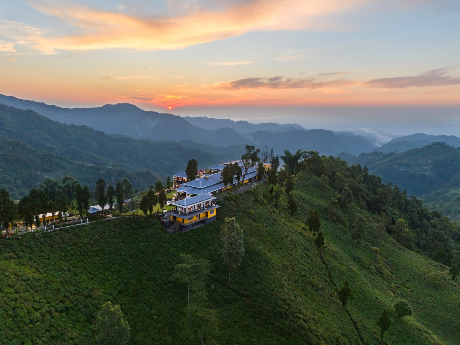 Hilltop tea-country estate at sunset
